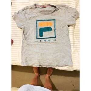 Grey Tennis Graphic Tee with Teal & Orange Logo
